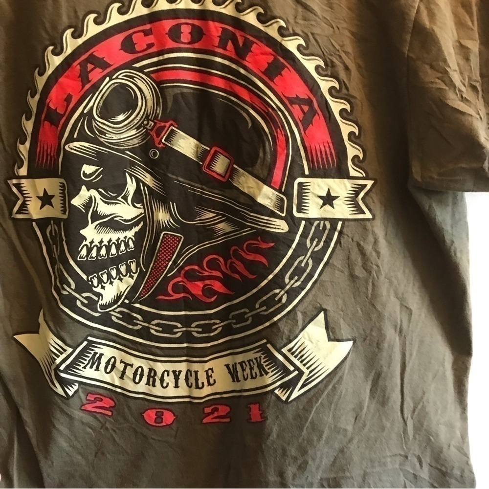 men’s size L army green T-shirt with large emblem on back and smaller on chest.